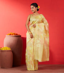 Yellow Handwoven Linen Saree Printed With Floral Motifs