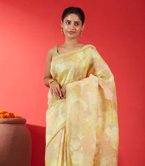 Yellow Handwoven Linen Saree Printed With Floral Motifs