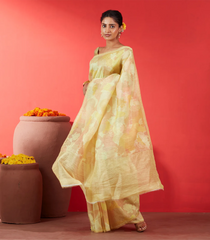 Yellow Handwoven Linen Saree Printed With Floral Motifs