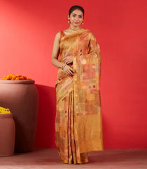 Beige Handloom Tussar Silk Saree Printed With Multi Colour Checks