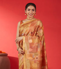 Beige Handloom Tussar Silk Saree Printed With Multi Colour Checks