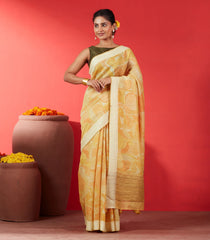 Yellow Handloom Tussar Silk Saree Printed With Geometric Motifs