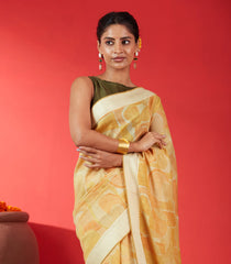 Yellow Handloom Tussar Silk Saree Printed With Geometric Motifs