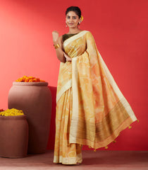 Yellow Handloom Tussar Silk Saree Printed With Geometric Motifs