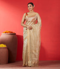 Taupe Blended Tussar Tissue Saree With Zari Border-Taupe