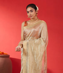 Taupe Blended Tussar Tissue Saree With Zari Border-Taupe