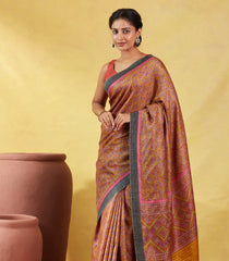 Mustard Handloom Tussar Silk Saree Printed With Flower Motifs