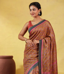 Mustard Handloom Tussar Silk Saree Printed With Flower Motifs