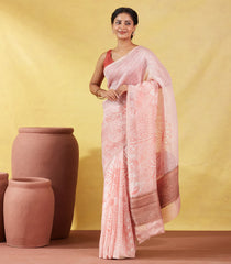 Peach Handwoven Linen Saree Printed With Flower Motifs