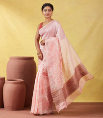 Peach Handwoven Linen Saree Printed With Flower Motifs