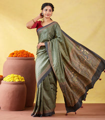 Green Handloom Tussar Silk Saree Printed With Checks