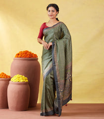 Green Handloom Tussar Silk Saree Printed With Checks