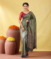 Green Handloom Tussar Silk Saree Printed With Checks