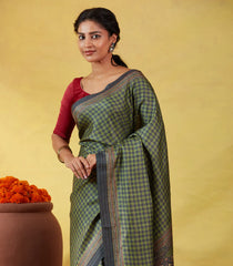 Green Handloom Tussar Silk Saree Printed With Checks