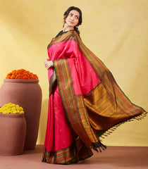 Hot Pink Handloom Kanchipuram Silk Saree With Silk Thread Buttas