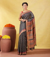 Black Handloom Tussar Silk Saree Printed With Floral Jaal Motifs