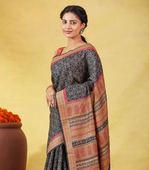 Black Handloom Tussar Silk Saree Printed With Floral Jaal Motifs