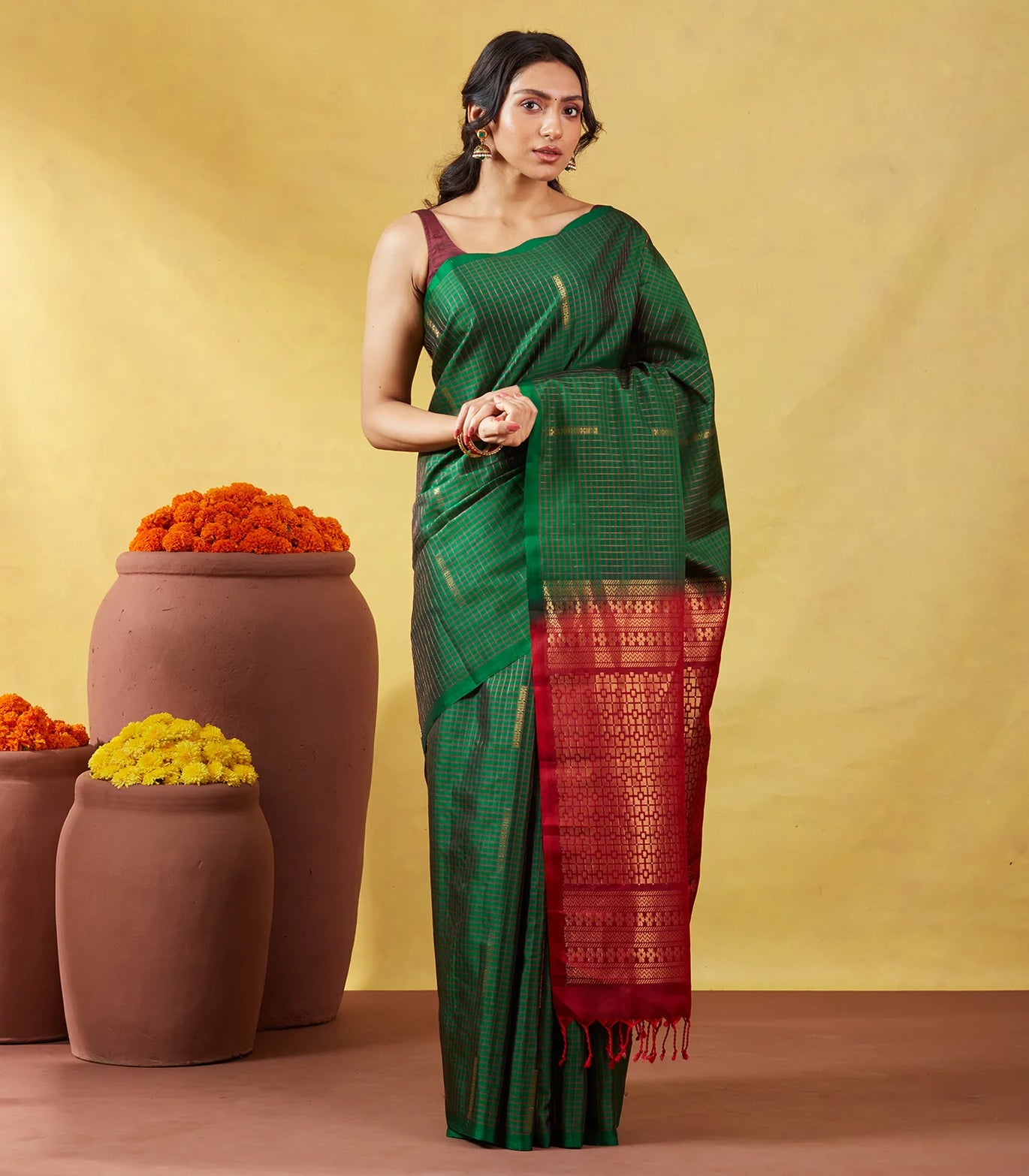 Leaf-green pure store handloom soft silk saree with golden zari buttas