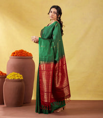 Dark Green Soft Silk Saree With Zari Checks & Contrast Pallu