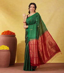 Dark Green Soft Silk Saree With Zari Checks & Contrast Pallu