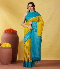 Mustard Soft Silk Saree With Zari Buttas & Cyan Border