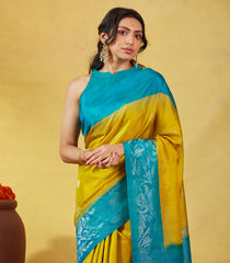 Mustard Soft Silk Saree With Zari Buttas & Cyan Border