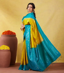 Mustard Soft Silk Saree With Zari Buttas & Cyan Border