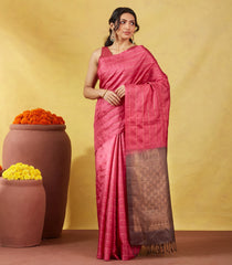 Pink Soft Silk Saree With Zari Checks & Contrast Pallu