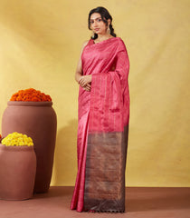 Pink Soft Silk Saree With Zari Checks & Contrast Pallu