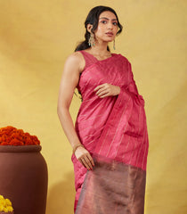 Pink Soft Silk Saree With Zari Checks & Contrast Pallu