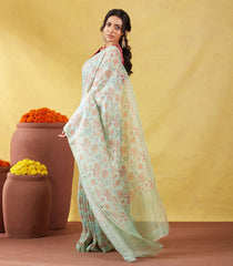 Turquoise Handwoven Linen Saree Printed With Floral Motifs