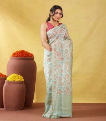 Turquoise Handwoven Linen Saree Printed With Floral Motifs