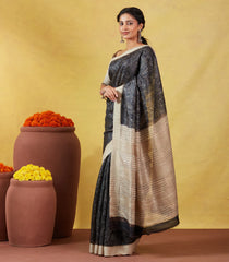 Black Handloom Tussar Silk Saree With Printed Leafy Motifs