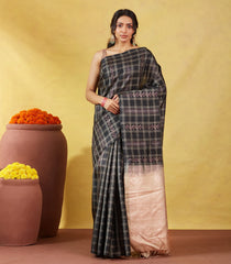 Black Soft Silk Saree With Floral Motifs & Zari Checks