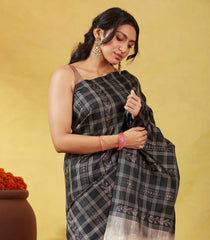 Black Soft Silk Saree With Floral Motifs & Zari Checks