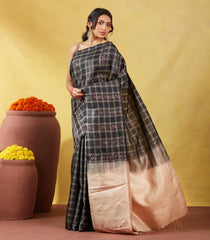 Black Soft Silk Saree With Floral Motifs & Zari Checks