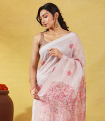 Baby Pink Handwoven Linen Saree With Floral Print