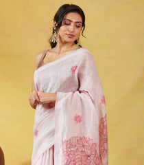 Baby Pink Handwoven Linen Saree With Floral Print