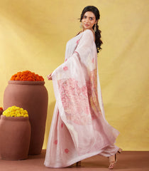 Baby Pink Handwoven Linen Saree With Floral Print