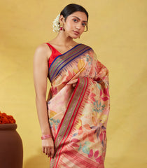 Light Peach Handloom Tussar Silk Saree With Printed Floral Motifs