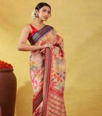 Light Peach Handloom Tussar Silk Saree With Printed Floral Motifs