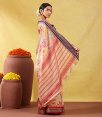 Light Peach Handloom Tussar Silk Saree With Printed Floral Motifs