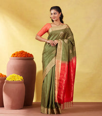 Sage Green Soft Silk Saree With Zari Buttas & Contrast Pallu