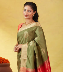 Sage Green Soft Silk Saree With Zari Buttas & Contrast Pallu