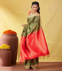 Sage Green Soft Silk Saree With Zari Buttas & Contrast Pallu