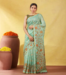 Aquamarine Handloom Tussar Silk Saree Printed & Embroidered With Floral Motifs