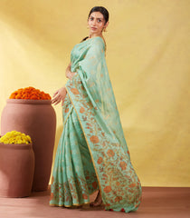 Aquamarine Handloom Tussar Silk Saree Printed & Embroidered With Floral Motifs