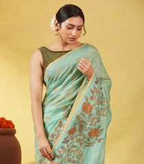 Aquamarine Handloom Tussar Silk Saree Printed & Embroidered With Floral Motifs