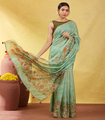 Aquamarine Handloom Tussar Silk Saree Printed & Embroidered With Floral Motifs