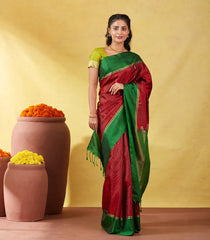 Crimson Soft Silk Saree With Zari Stripes & Green Border